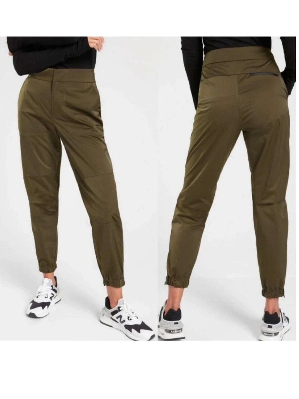 NWT Athleta Radiant Jogger Pant Olive Green Size 8 Sleek Satiny Finish MSRP $108